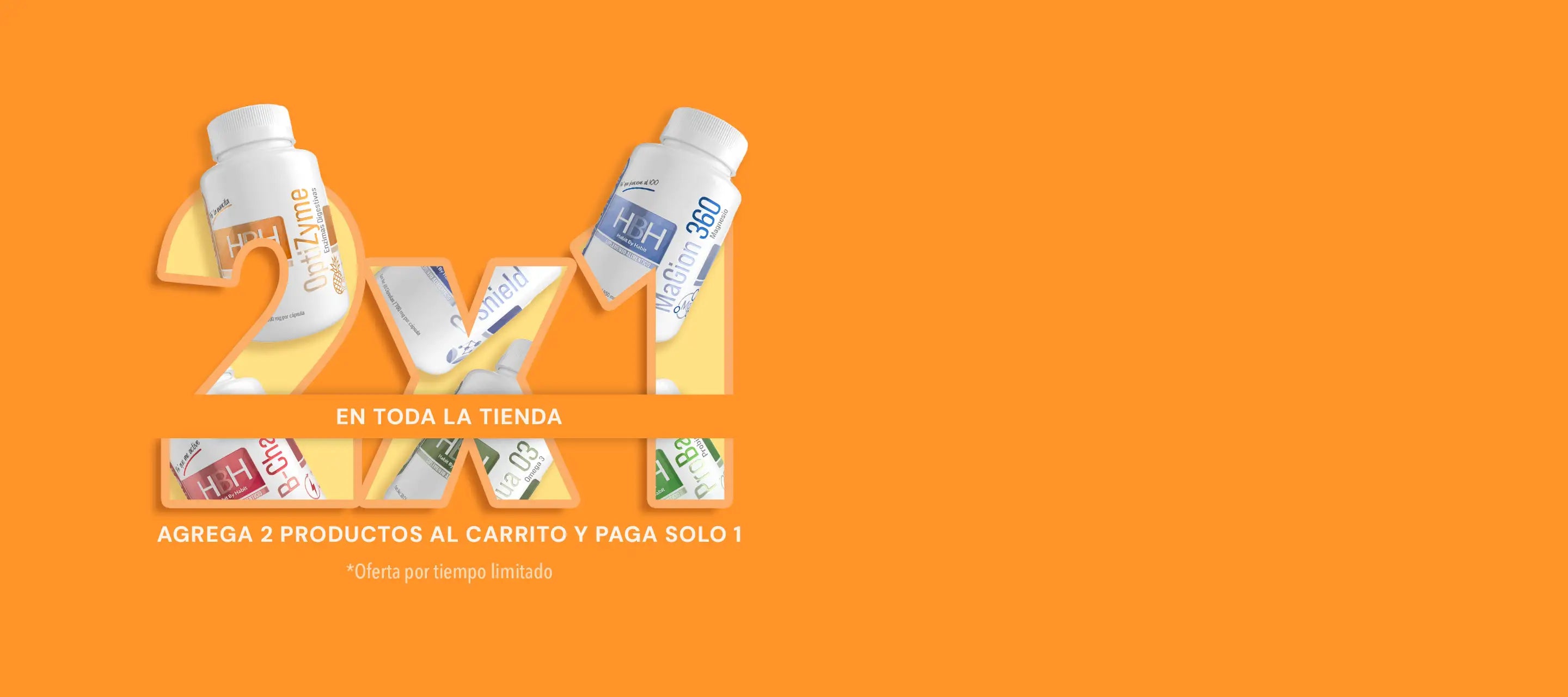 Banner promocional 2x1 de HBH Suplementos en fondo naranja.