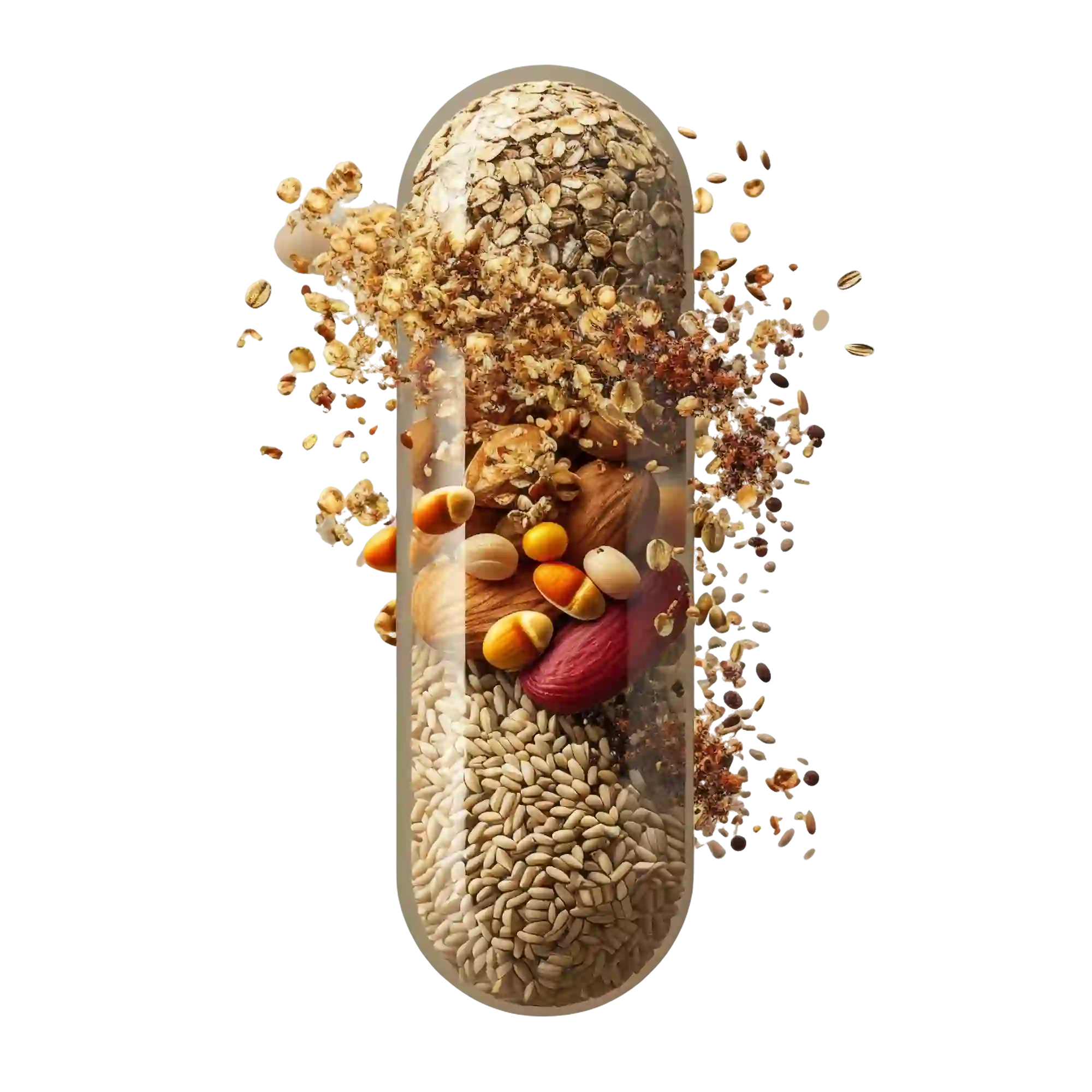 Cápsula abierta con ingredientes naturales representando la fórmula del suplemento.