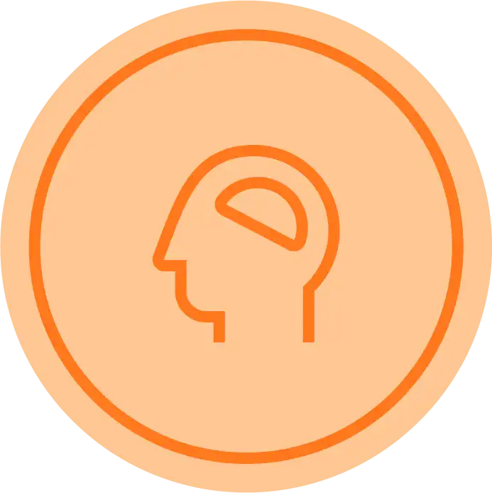Ícono naranja con cerebro representando beneficios mentales del suplemento.
