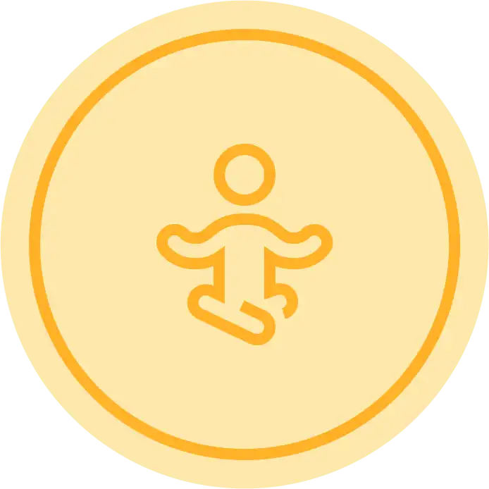 Ícono amarillo con figura en equilibrio representando bienestar integral.
