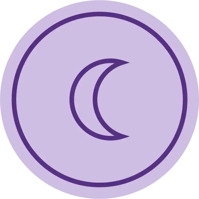 Ícono morado con luna creciente indicando apoyo al descanso nocturno.
