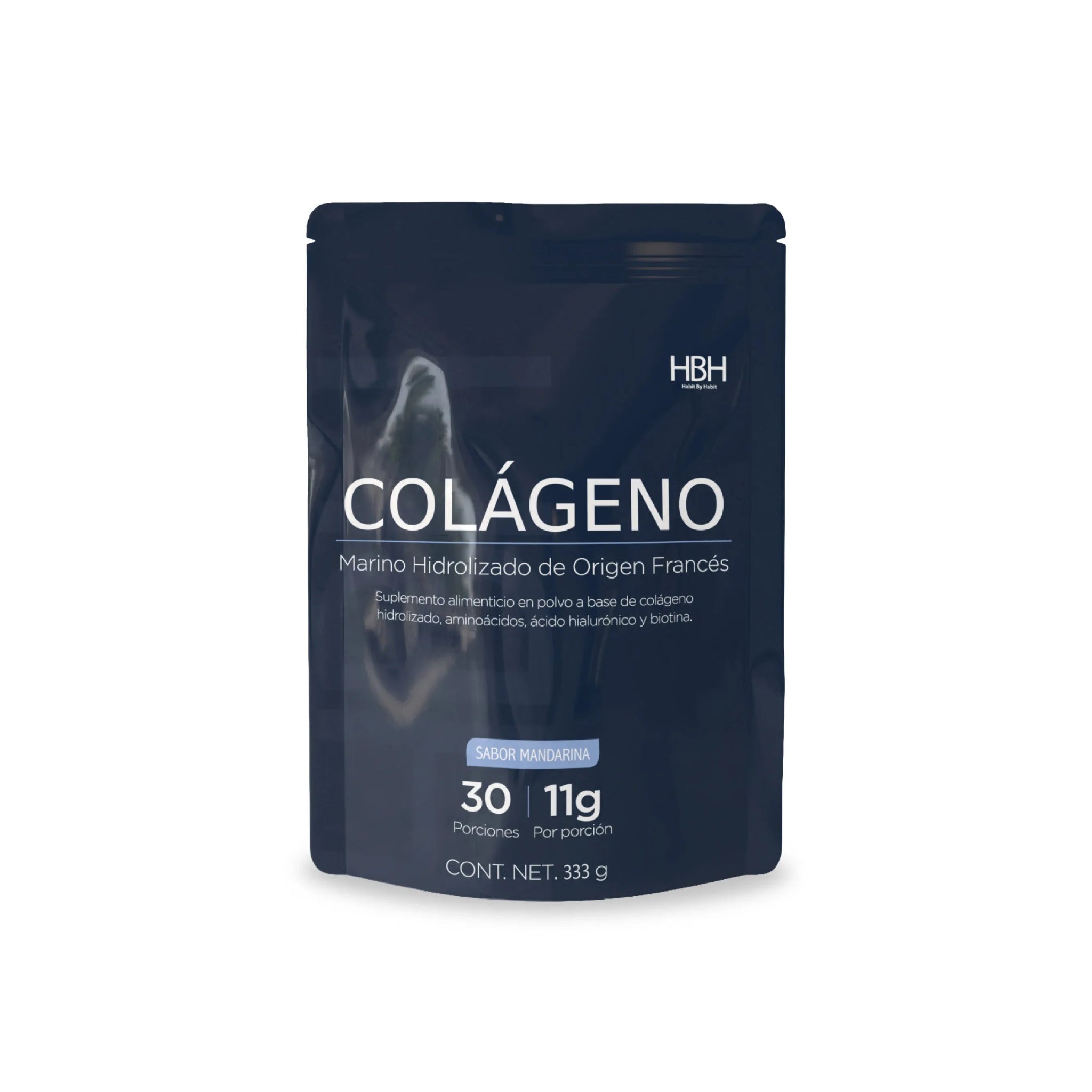 HBH Suplementos Colágeno Hidrolizado Marino con Vitamina C, L - Lisina, L - Glicina, Ácido Hialurónico e Inulina de Agave, Sabor Mandarina, 333 g | 30 porciones - HBH