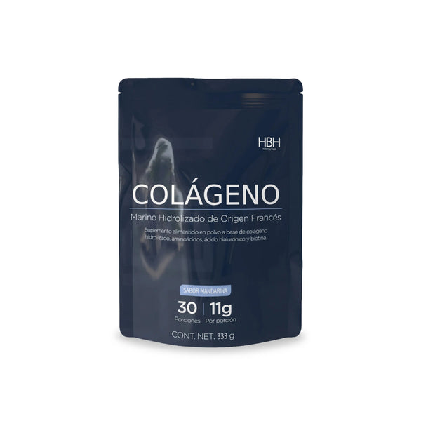 HBH Suplementos Colágeno Hidrolizado Marino con Vitamina C, L - Lisina, L - Glicina, Ácido Hialurónico e Inulina de Agave, Sabor Mandarina, 333 g | 30 porciones - HBH