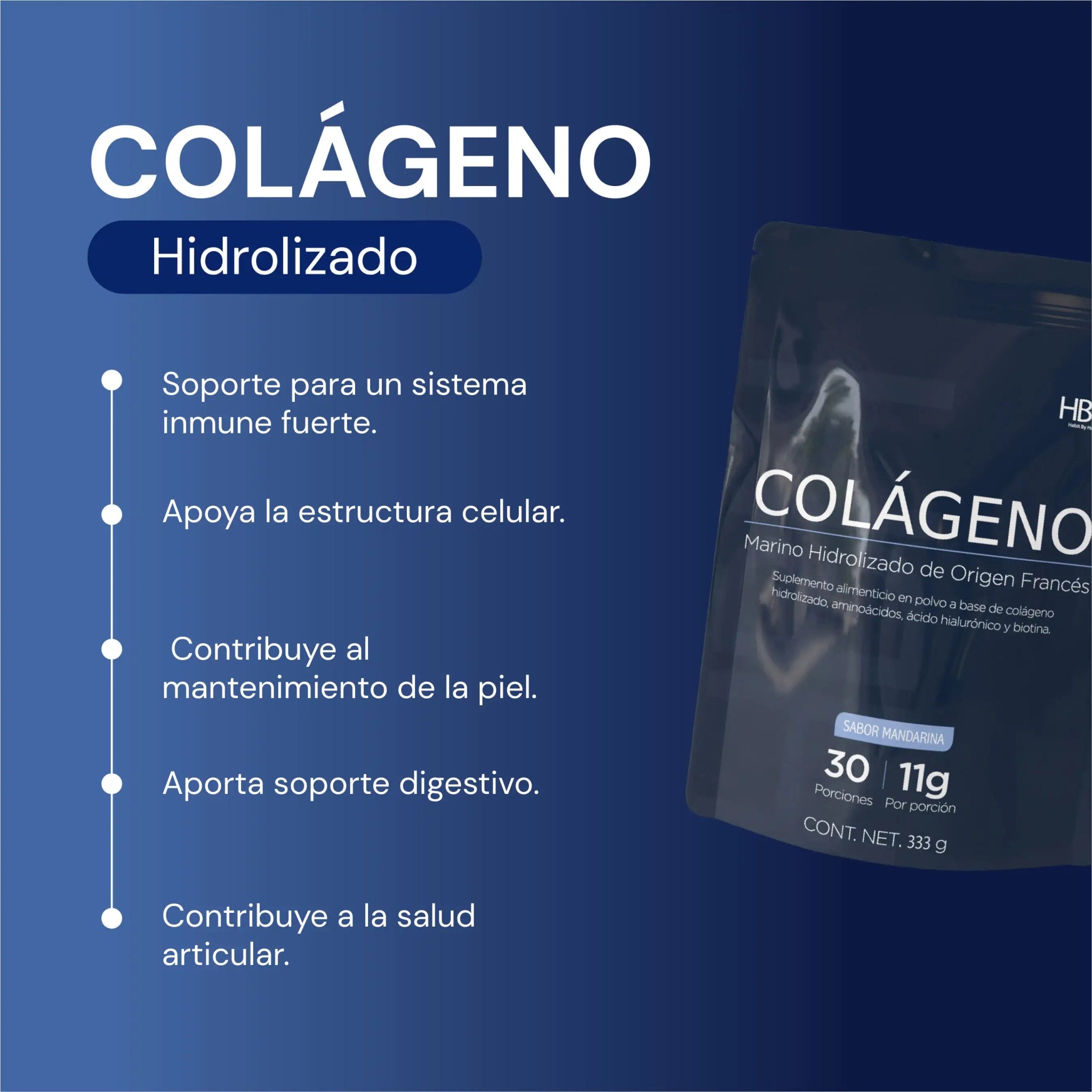 HBH Suplementos Colágeno Hidrolizado Marino con Vitamina C, L - Lisina, L - Glicina, Ácido Hialurónico e Inulina de Agave, Sabor Mandarina, 333 g | 30 porciones - HBH