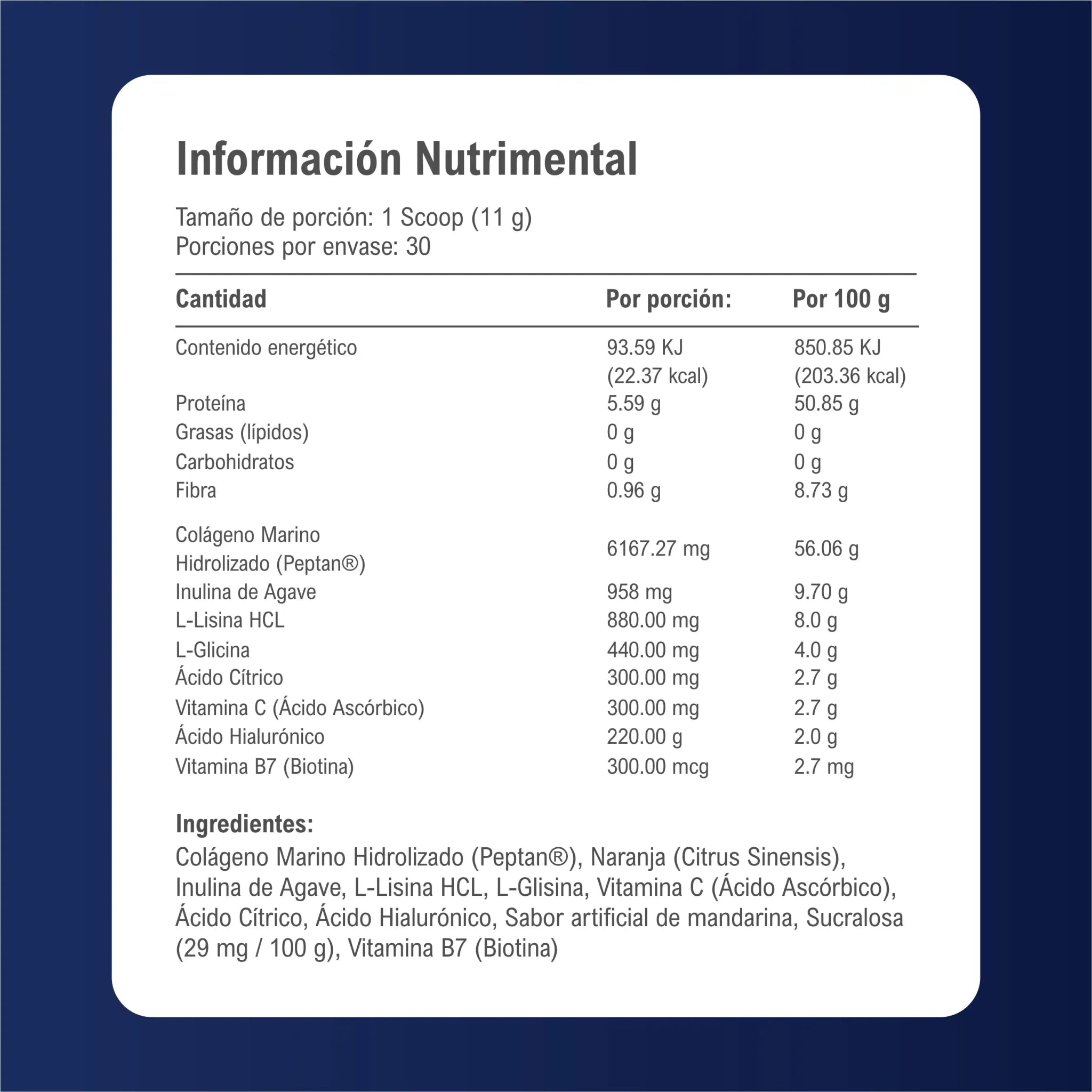 HBH Suplementos Colágeno Hidrolizado Marino con Vitamina C, L - Lisina, L - Glicina, Ácido Hialurónico e Inulina de Agave, Sabor Mandarina, 333 g | 30 porciones - HBH