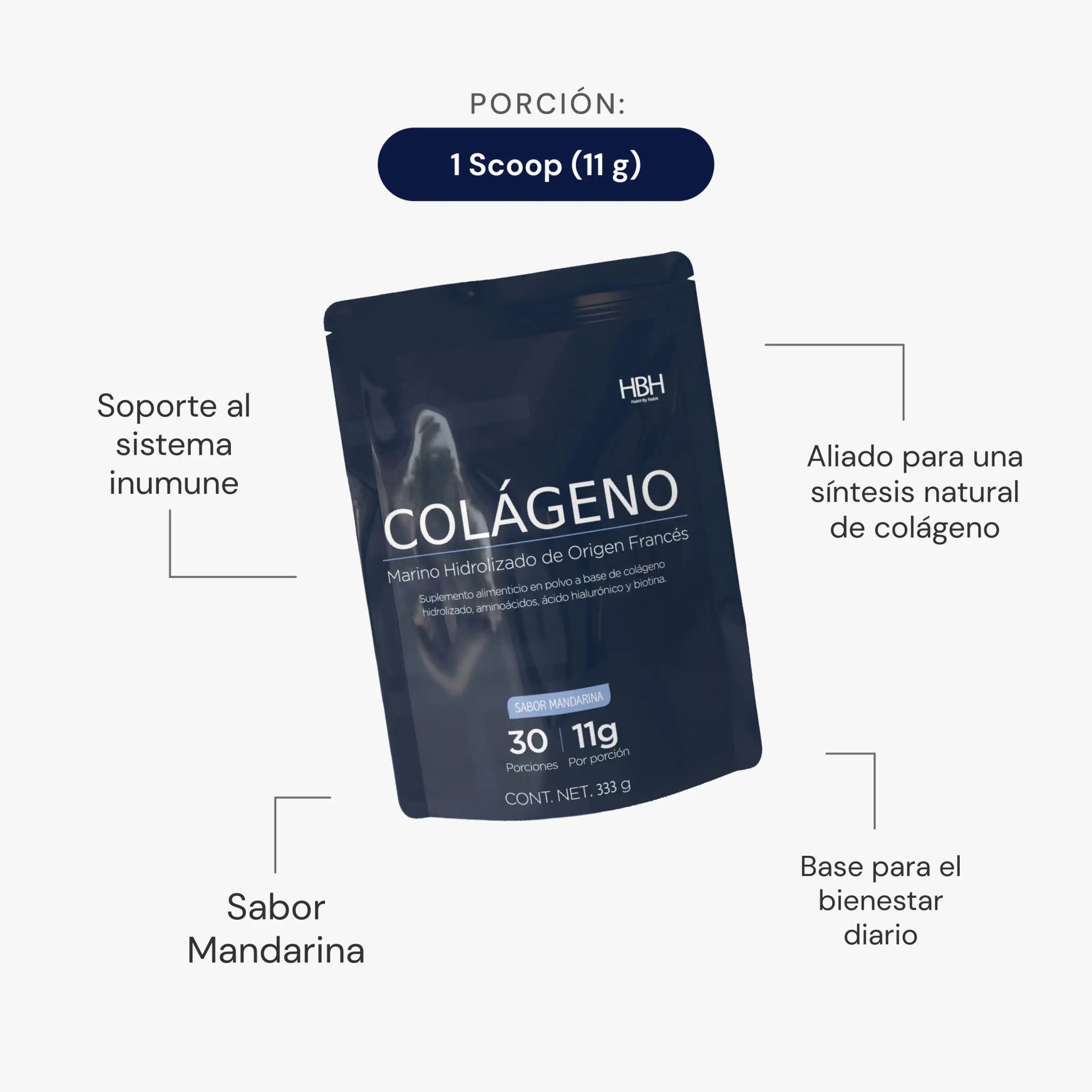 HBH Suplementos Colágeno Hidrolizado Marino con Vitamina C, L - Lisina, L - Glicina, Ácido Hialurónico e Inulina de Agave, Sabor Mandarina, 333 g | 30 porciones - HBH