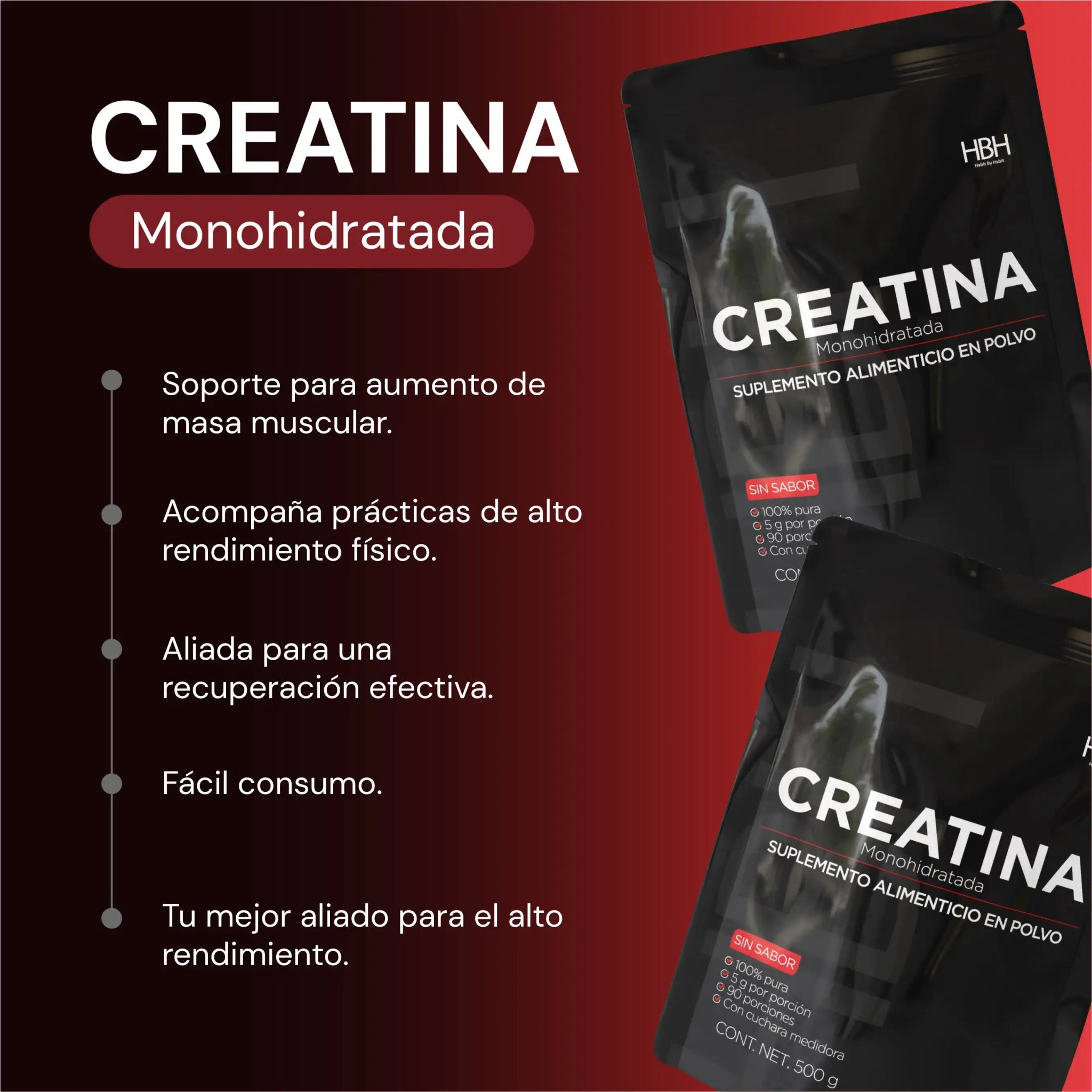 HBH Suplementos Creatina Monohidratada de Alta Pureza con 5 g por porción, Apoyo a la Función Física y Disponibilidad Energética, Sin Sabor, 500 g, 100 porciones - HBH