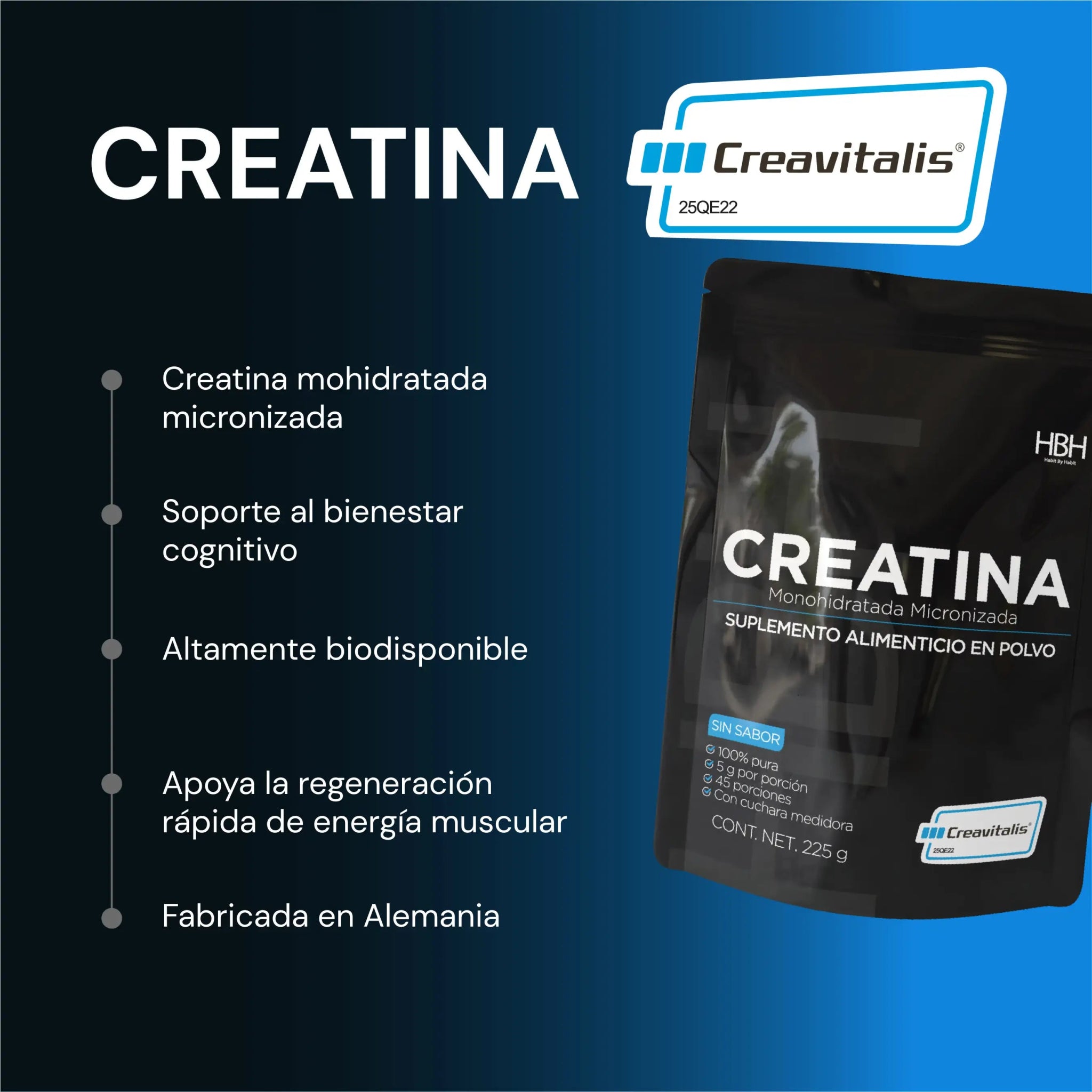 HBH Suplementos Creatina Monohidratada Micronizada Creavitalis® con 5 g por porción, Sin Sabor, 225 g, 45 porciones - HBH