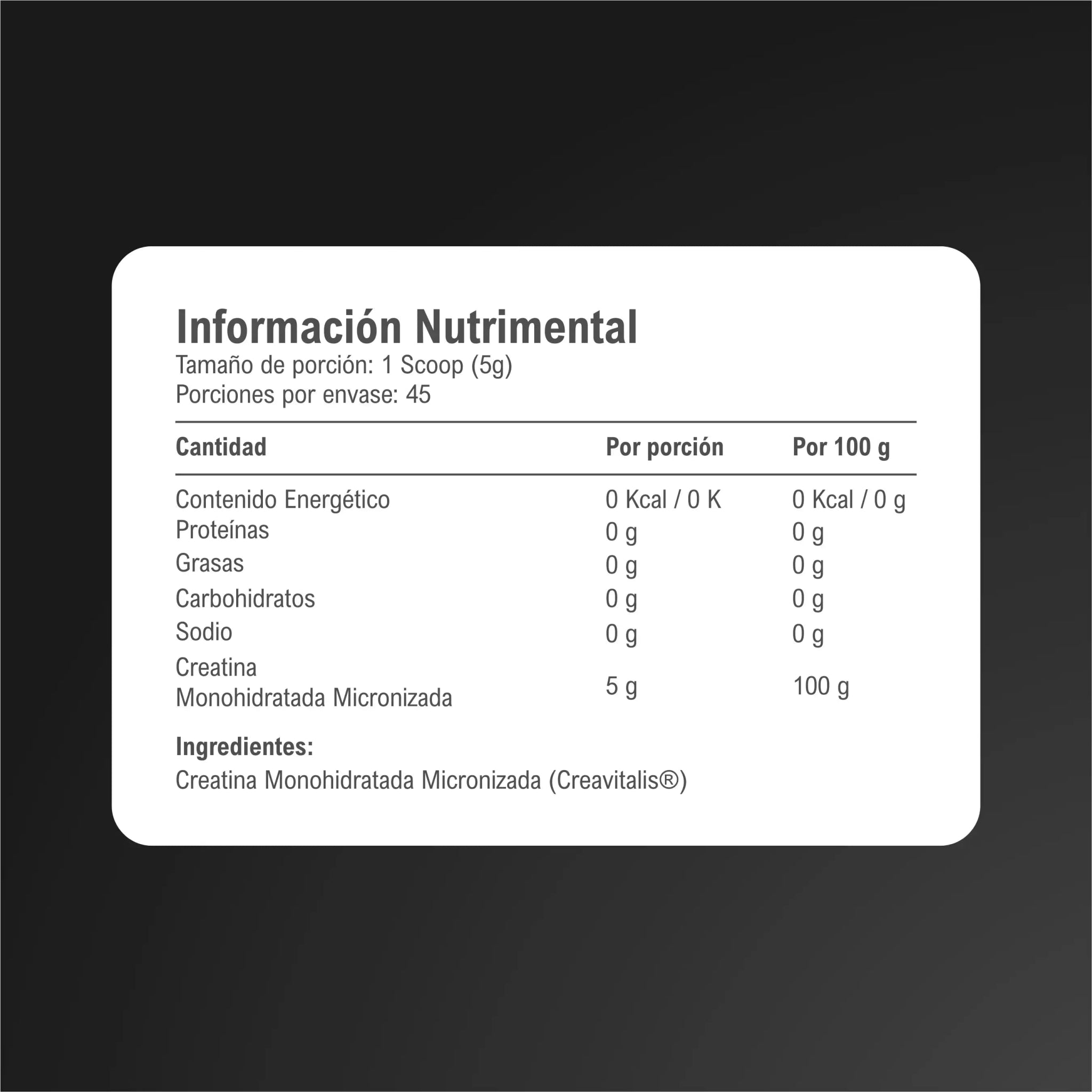 HBH Suplementos Creatina Monohidratada Micronizada Creavitalis® con 5 g por porción, Sin Sabor, 225 g, 45 porciones - HBH