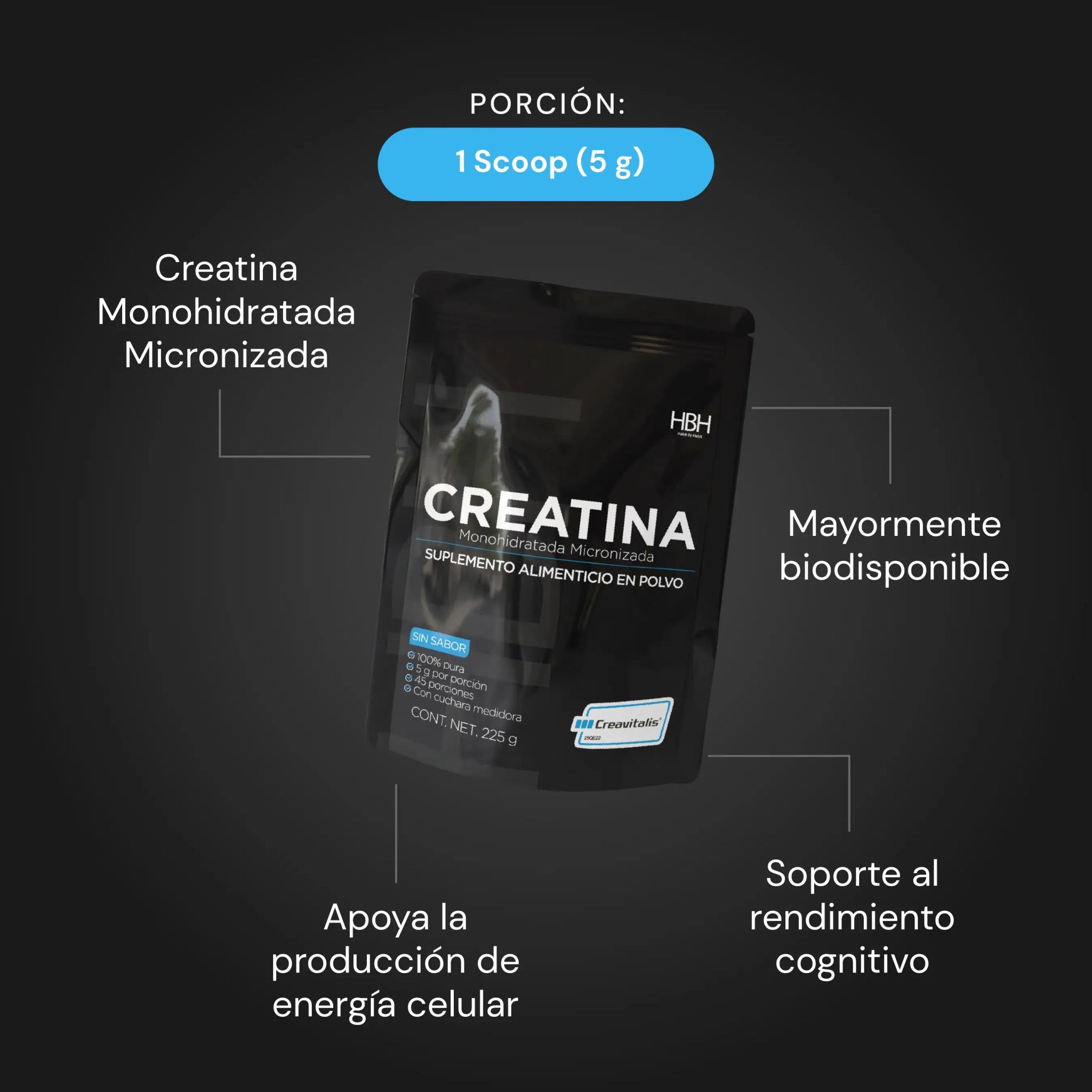 HBH Suplementos Creatina Monohidratada Micronizada Creavitalis® con 5 g por porción, Sin Sabor, 225 g, 45 porciones - HBH