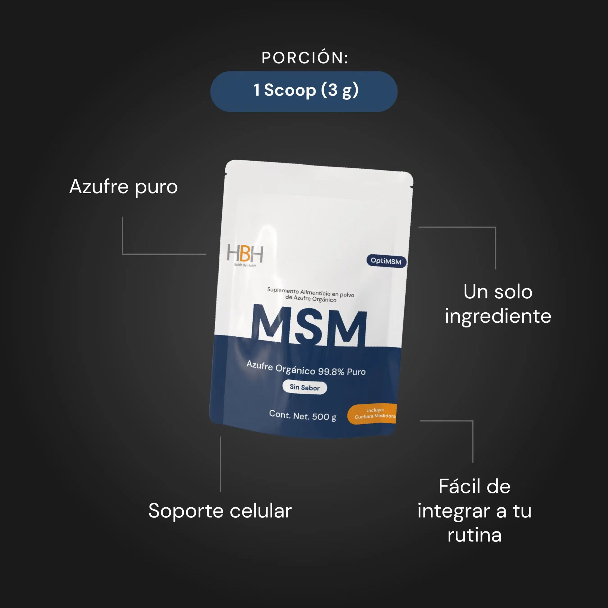 HBH Suplementos OptiMSM® MSM de Alta Pureza, Apoyo a Tejidos Conectivos y Bienestar General, Sin Sabor, 500 g, 166 porciones - HBH