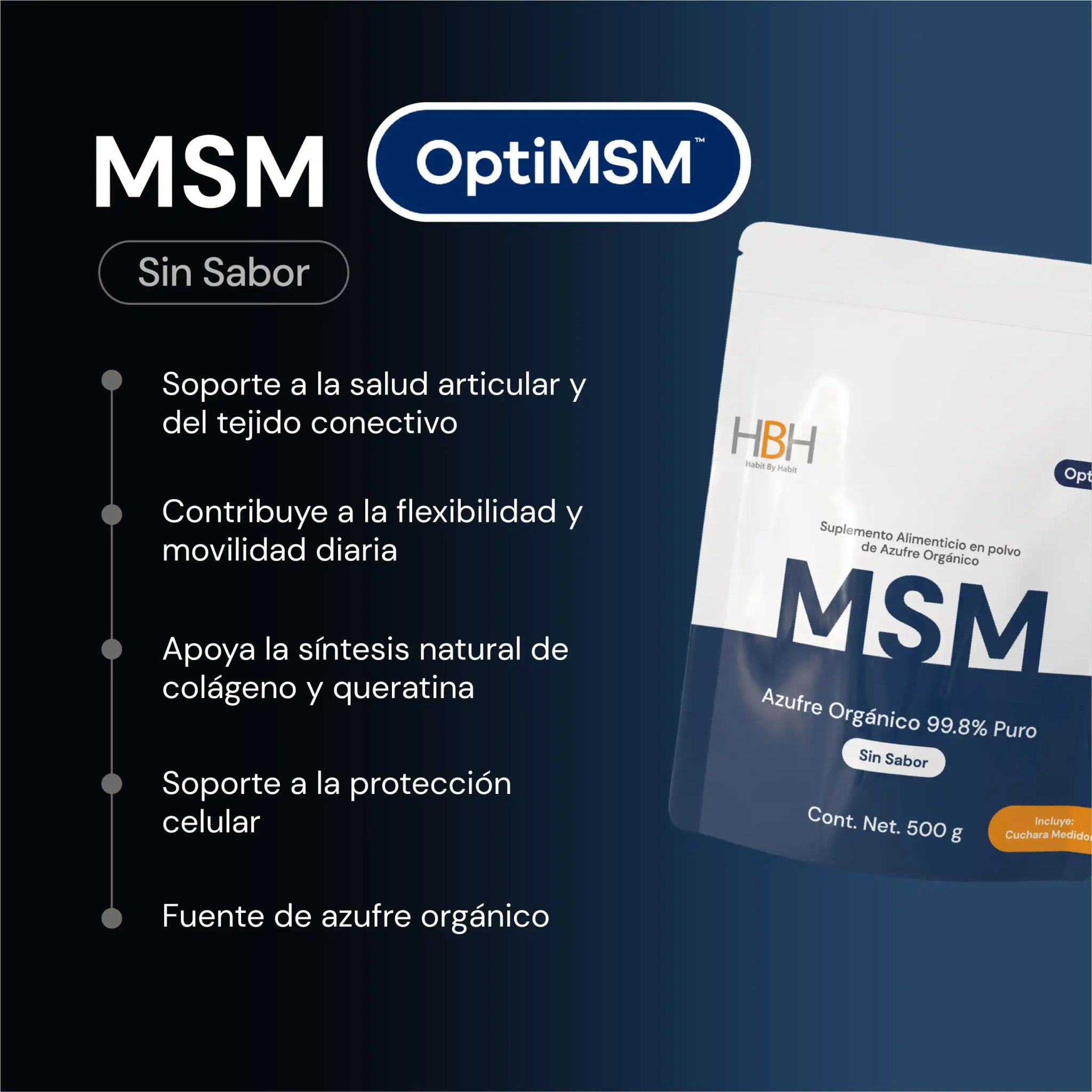 HBH Suplementos OptiMSM® MSM de Alta Pureza, Apoyo a Tejidos Conectivos y Bienestar General, Sin Sabor, 500 g, 166 porciones - HBH