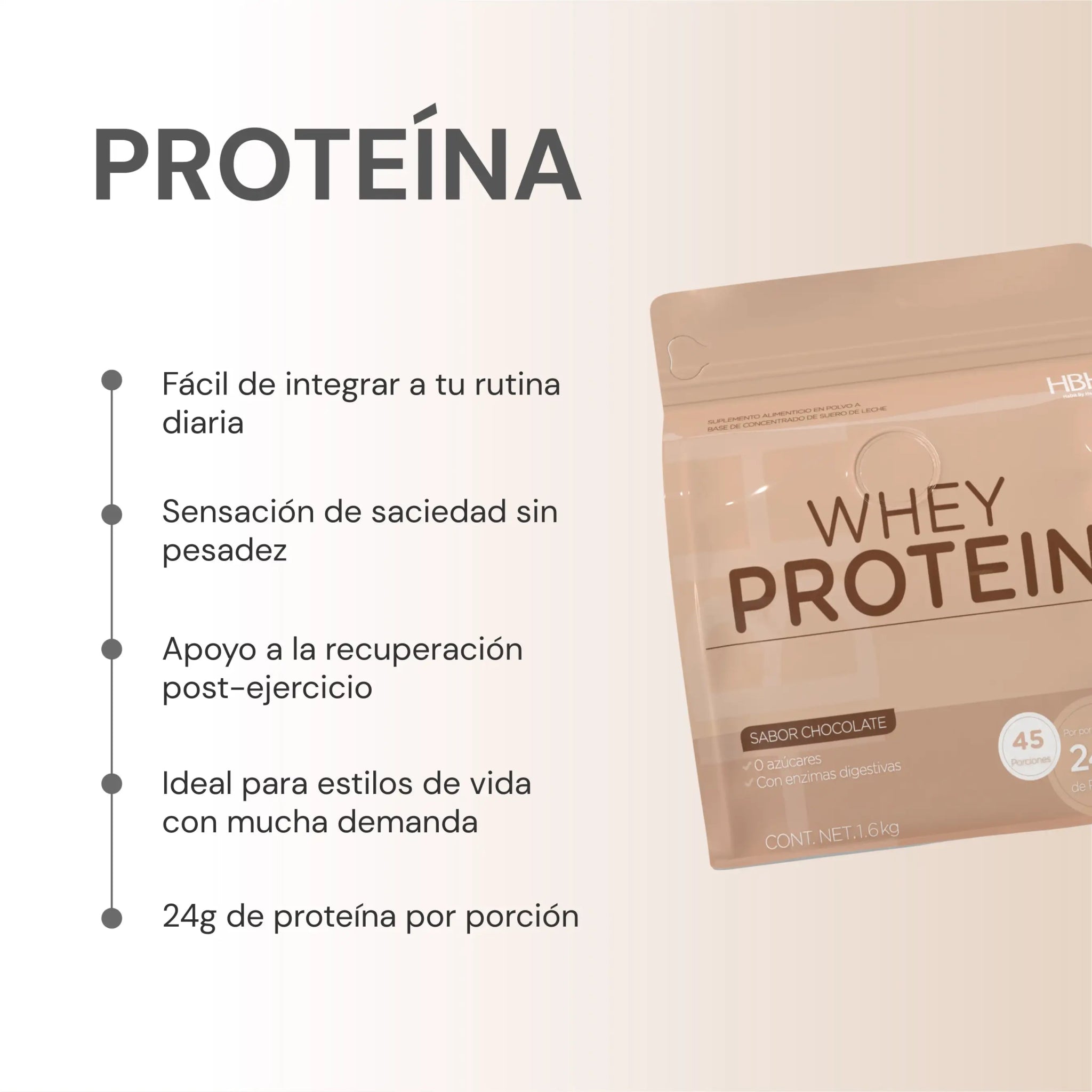 HBH Suplementos Proteína de Suero con Enzimas Digestivas. Sabor Chocolate 1,600 g, 45 porciones - HBH